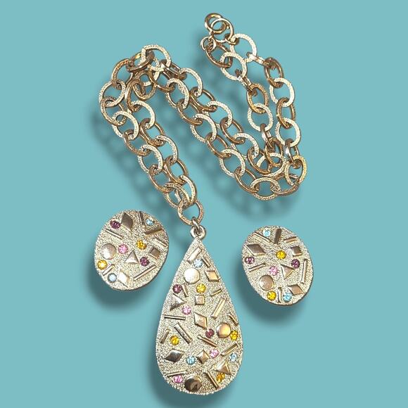 Vintage Sarah Coventry Sultana Rhinestone Earrings Teardrop Pendant Necklace Set - Picture 2 of 6